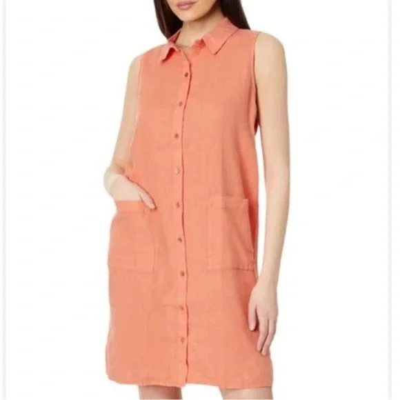 white christmas dresses Eileen Fisher Women's Puckered Organic Linen Grid Classic Collar Dress –  Channers main image 0